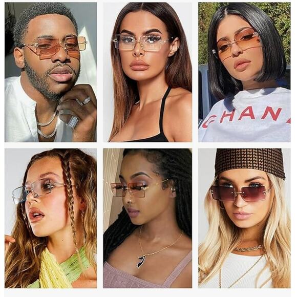 Unisex Rectangular Rimless Green|Blue Tinted  Gold Frame Fashion Sunglasses NEW - Picture 5 of 6